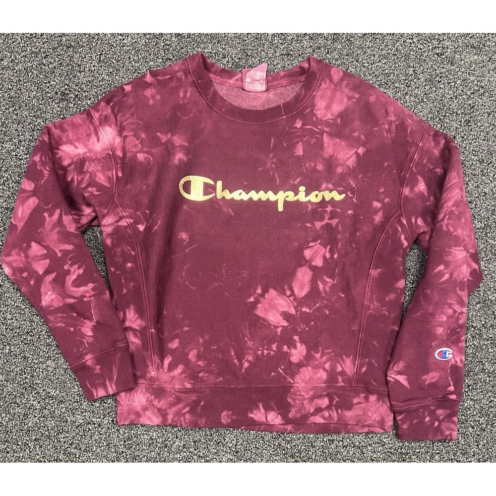 Champion Womens Sweatshirt crewneck Small Reverse Weave Maroon Tie Dye Spell Out